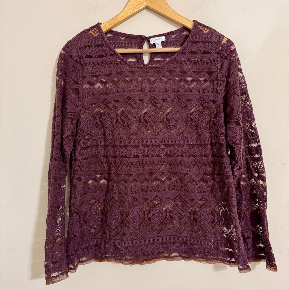 Garnet Hill Women's Sheer Geometric Lace Long Sleeve Top Burgundy size L Boho